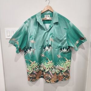 Ky's Vintage Hawaiian Shirt Mens 3XL Green Turtles Button Up Cotton Made in USA